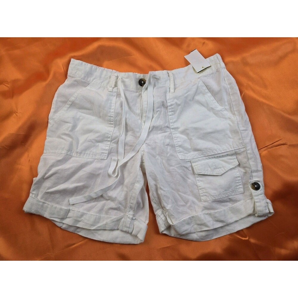 Women's White Drawstring Linen-Blend Cargo Shorts